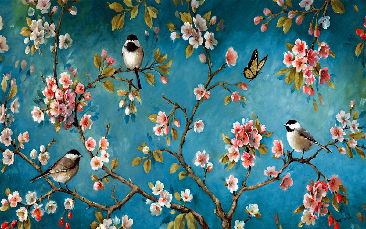 Fotobehang bloeiende takken met vogels tegen een achtergrond van azuurblauwe lucht