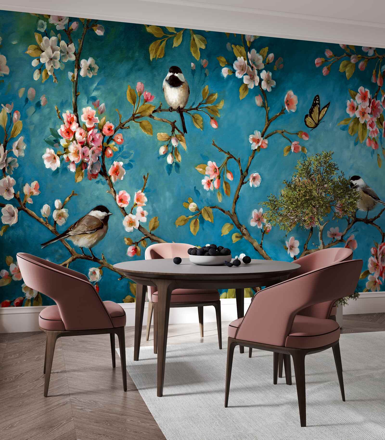 Fotobehang bloeiende takken met vogels tegen een achtergrond van azuurblauwe lucht