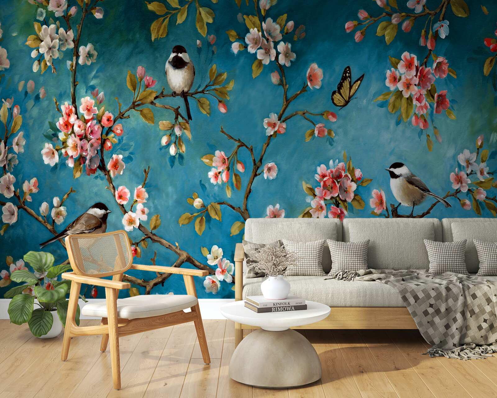 Fotobehang bloeiende takken met vogels tegen een achtergrond van azuurblauwe lucht