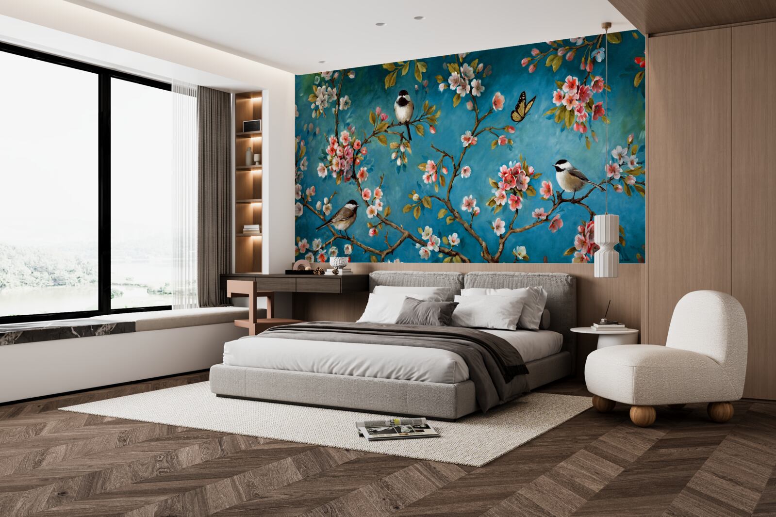 Fotobehang bloeiende takken met vogels tegen een achtergrond van azuurblauwe lucht