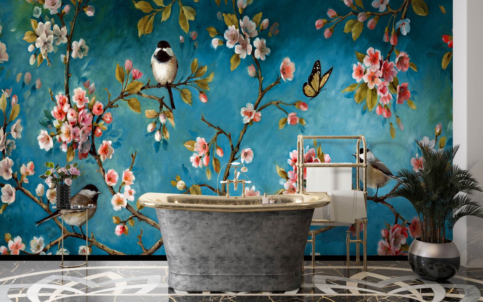 Fotobehang bloeiende takken met vogels tegen een achtergrond van azuurblauwe lucht