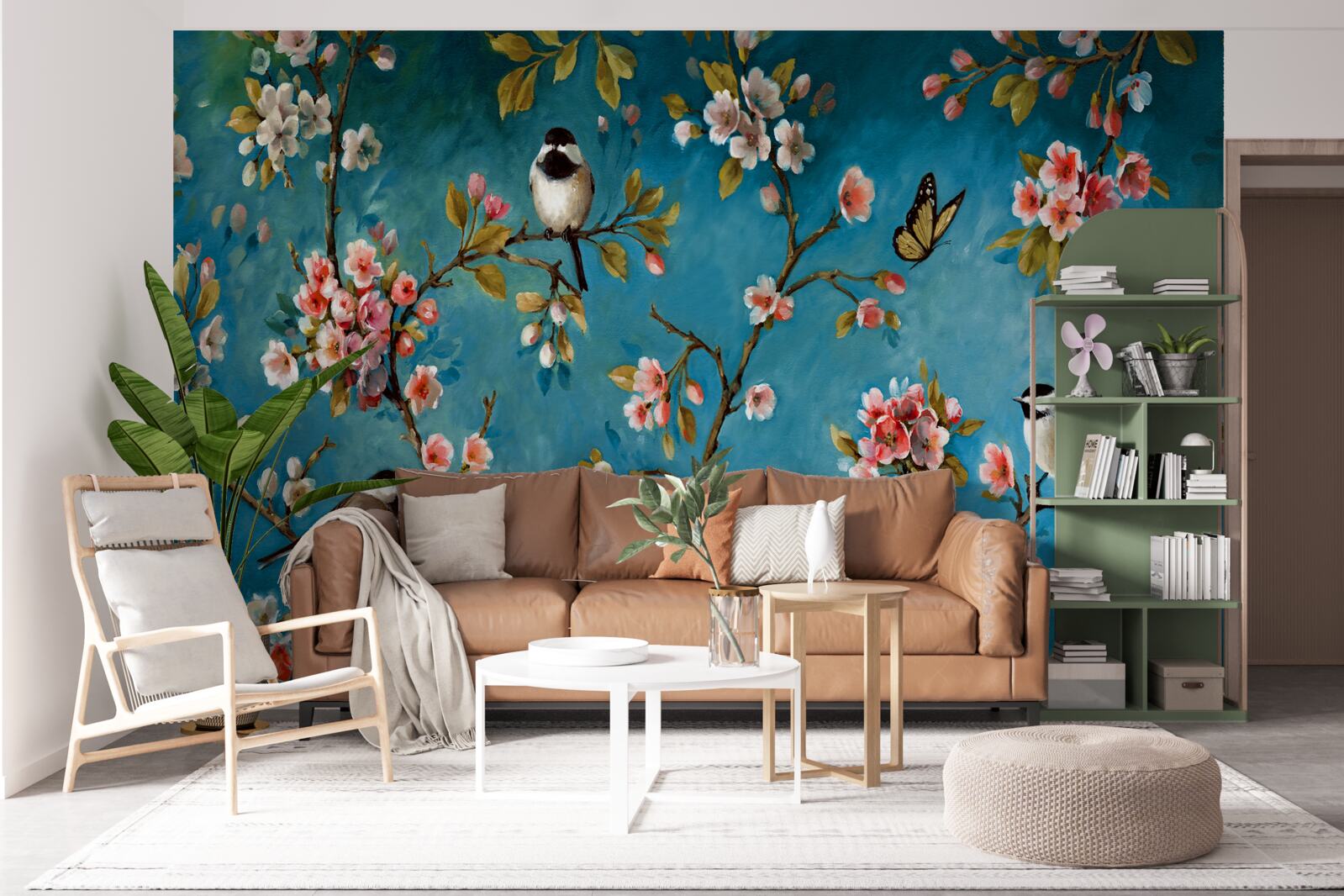 Fotobehang bloeiende takken met vogels tegen een achtergrond van azuurblauwe lucht