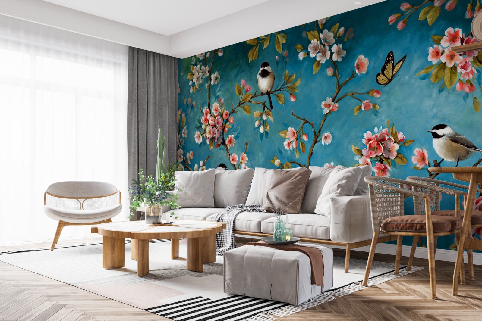 Fotobehang bloeiende takken met vogels tegen een achtergrond van azuurblauwe lucht