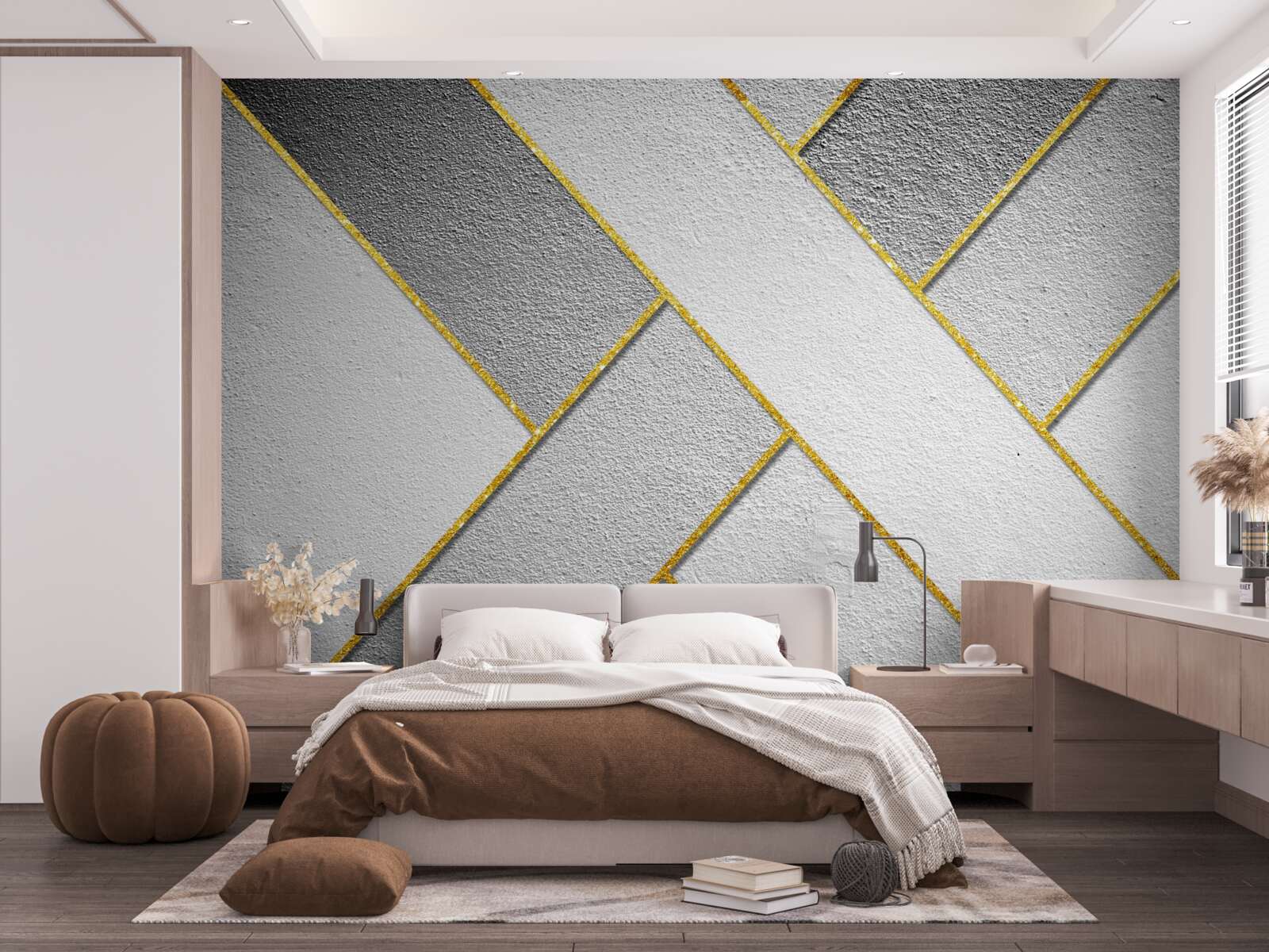 Fotobehang gouden rechte lijnen op een grijze achtergrond