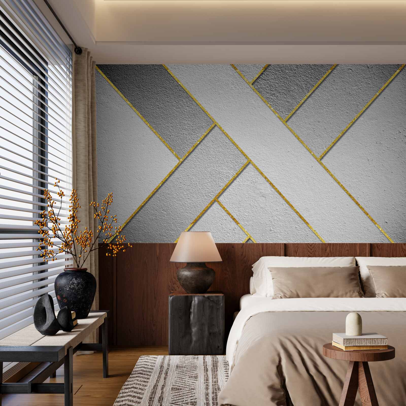 Fotobehang gouden rechte lijnen op een grijze achtergrond