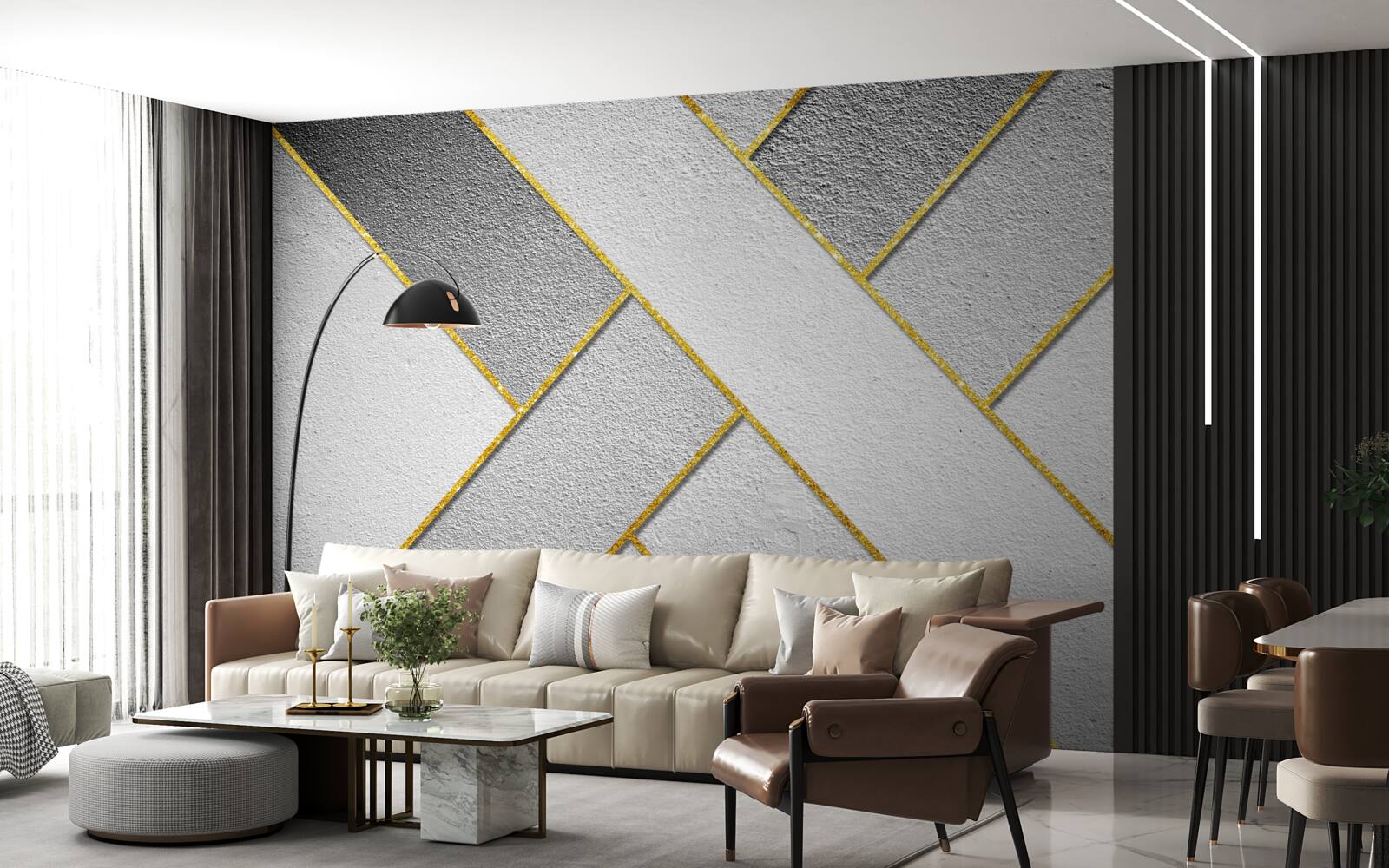 Fotobehang gouden rechte lijnen op een grijze achtergrond