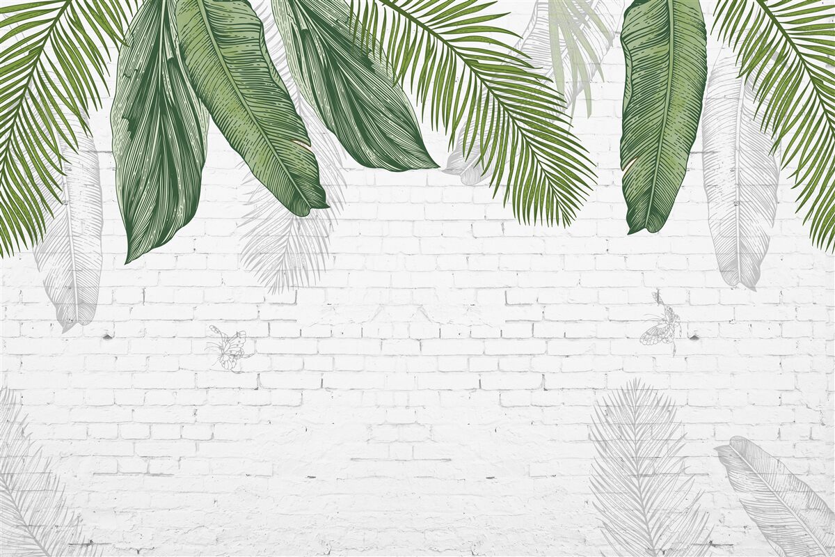 Fotobehang de baksteen grondig bedekt is met groene bladeren