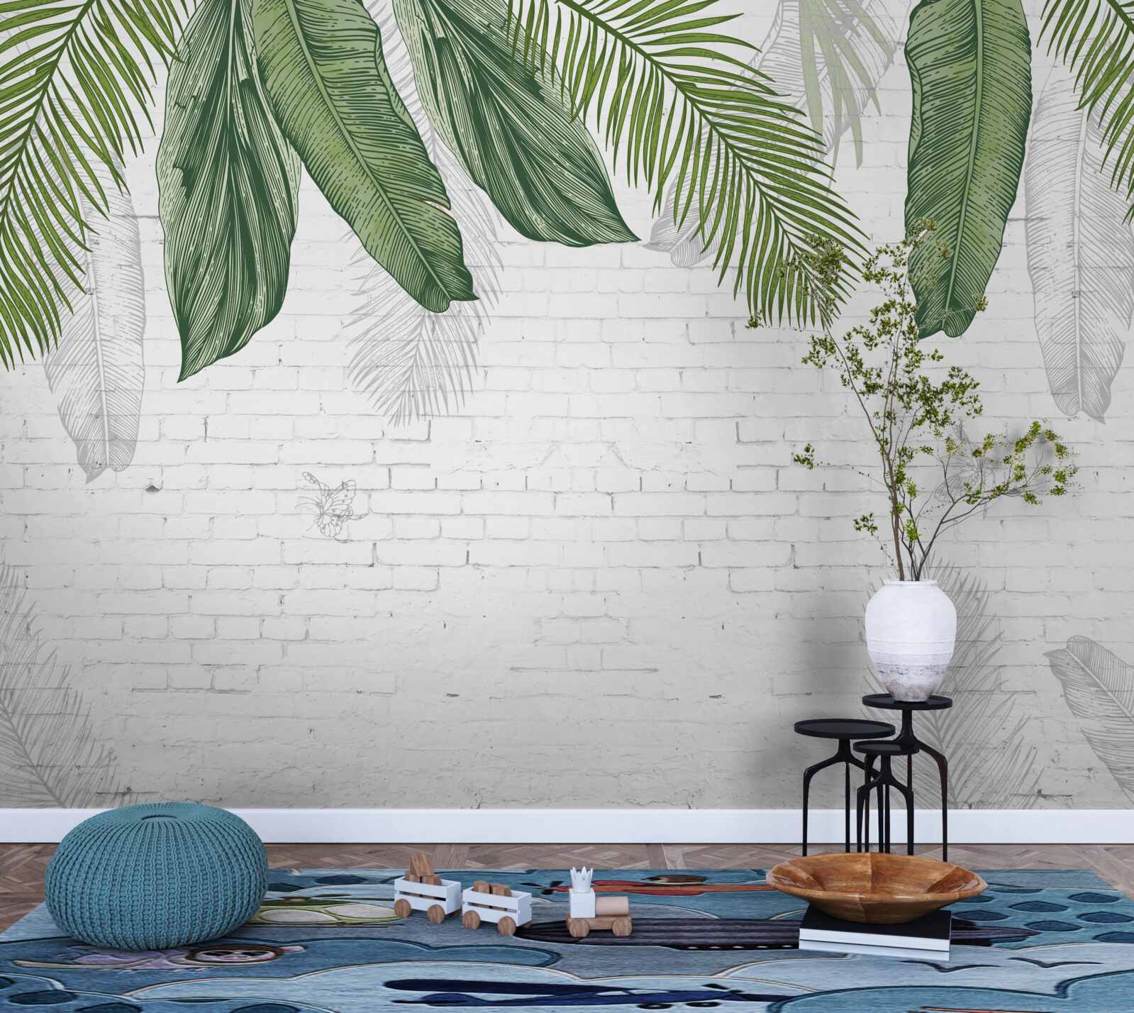 Fotobehang de baksteen grondig bedekt is met groene bladeren