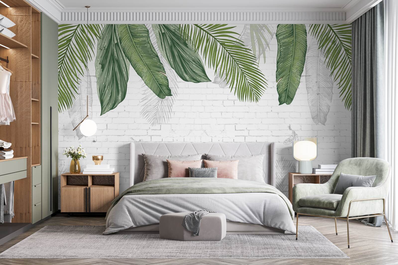 Fotobehang de baksteen grondig bedekt is met groene bladeren