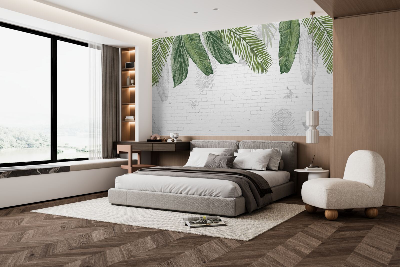 Fotobehang de baksteen grondig bedekt is met groene bladeren