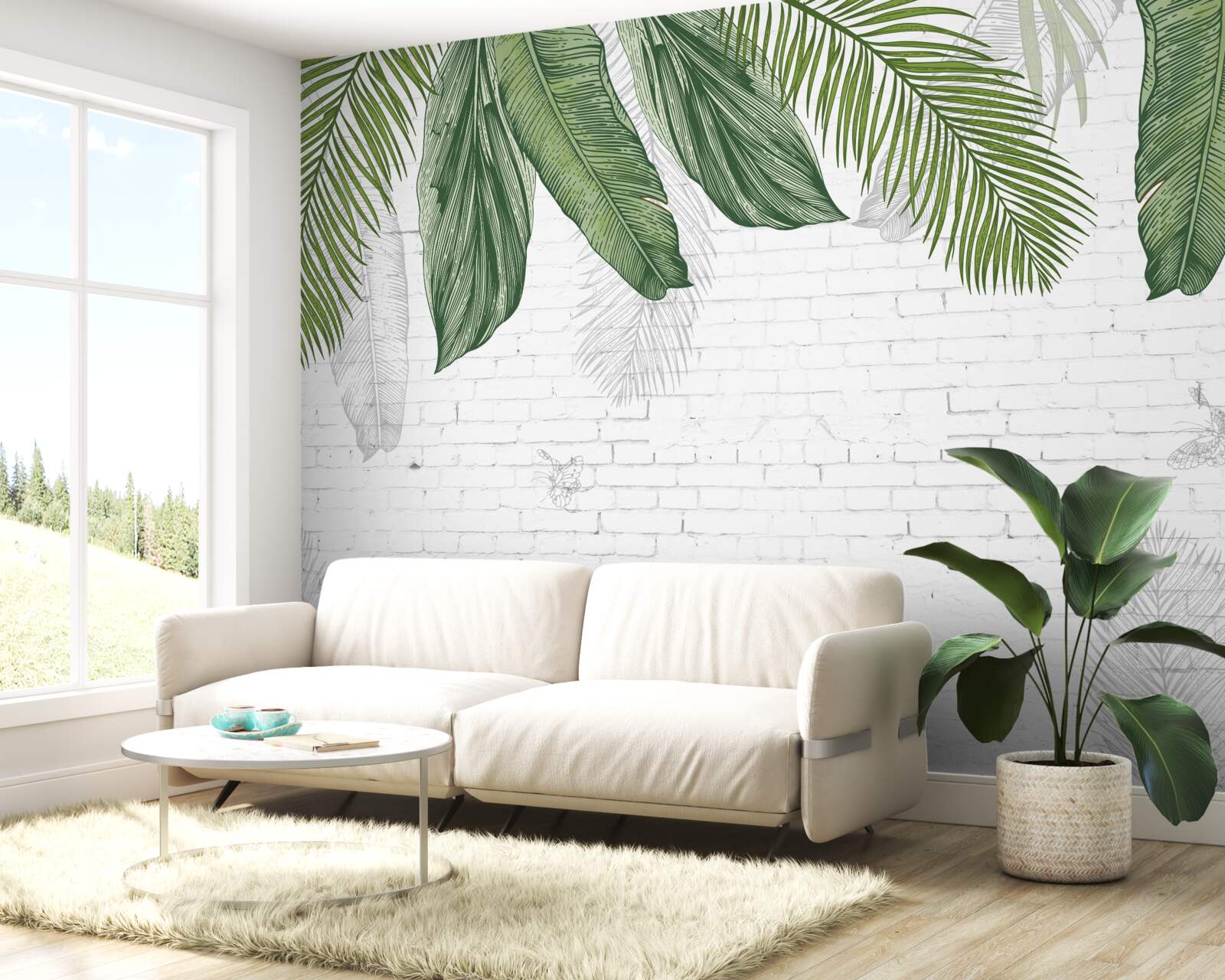 Fotobehang de baksteen grondig bedekt is met groene bladeren