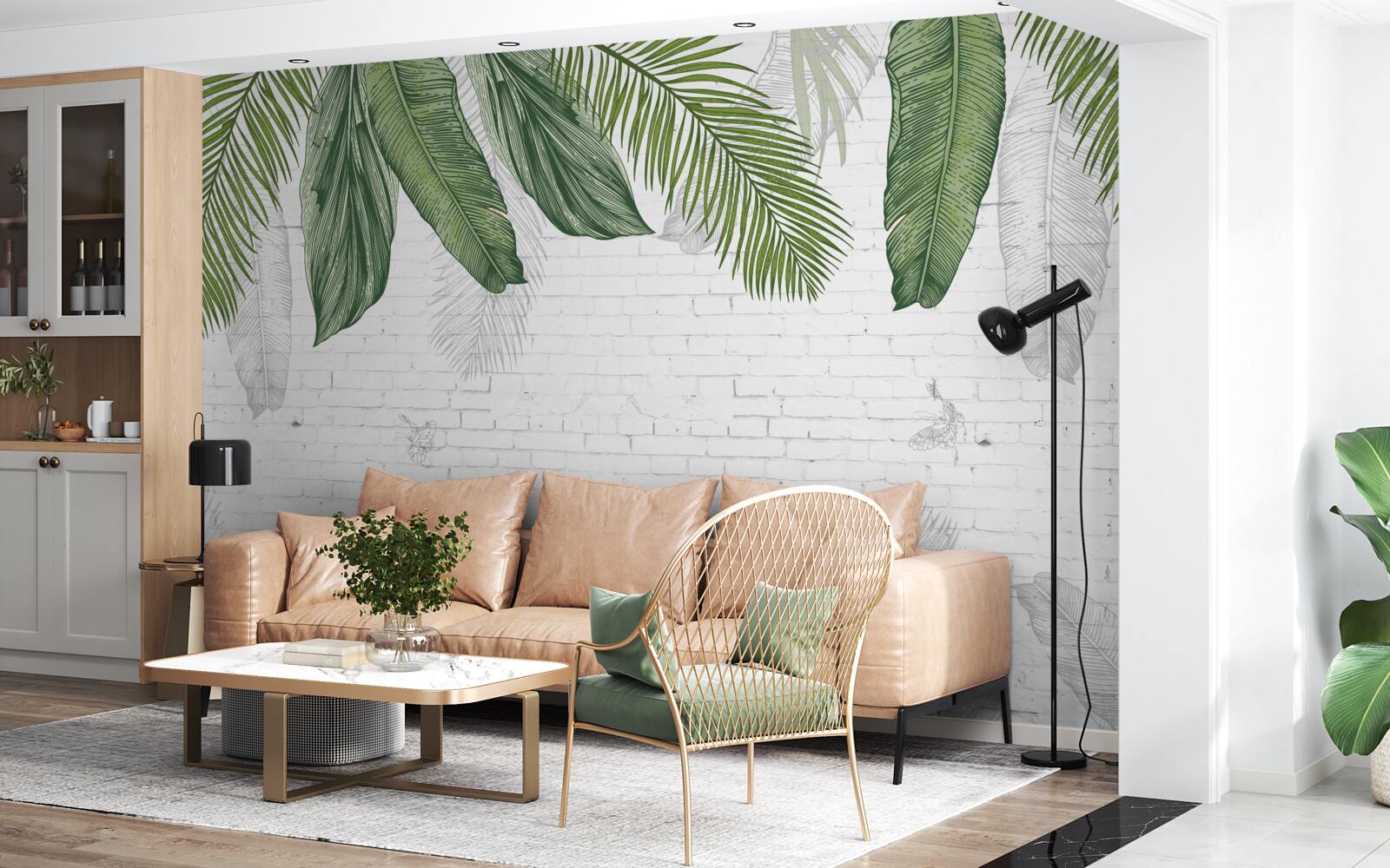 Fotobehang de baksteen grondig bedekt is met groene bladeren