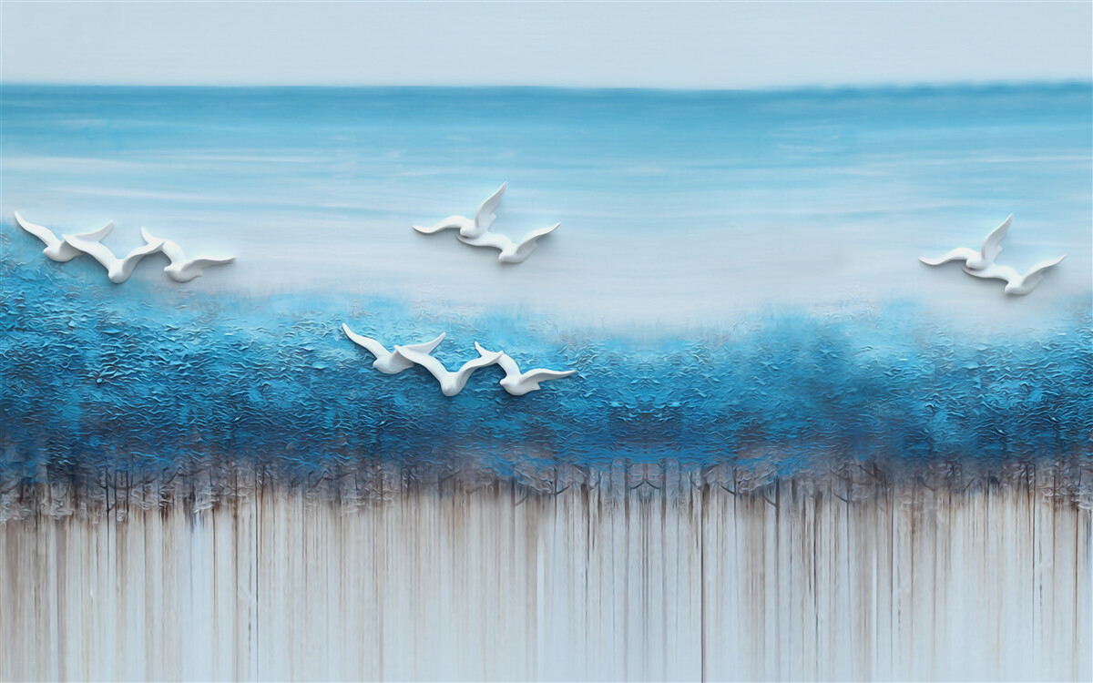 Fotobehang Sneeuwwitte vogels boven blauwachtige wolken