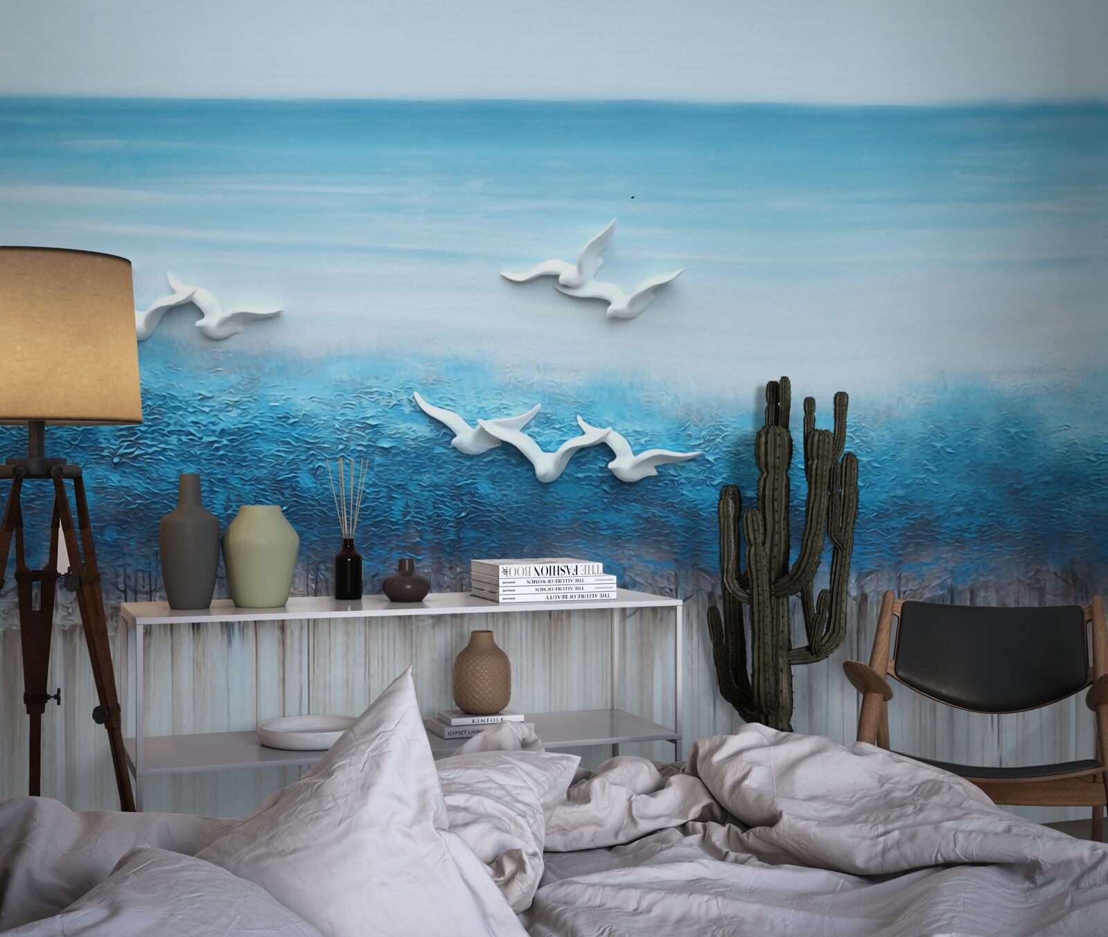 Fotobehang Sneeuwwitte vogels boven blauwachtige wolken