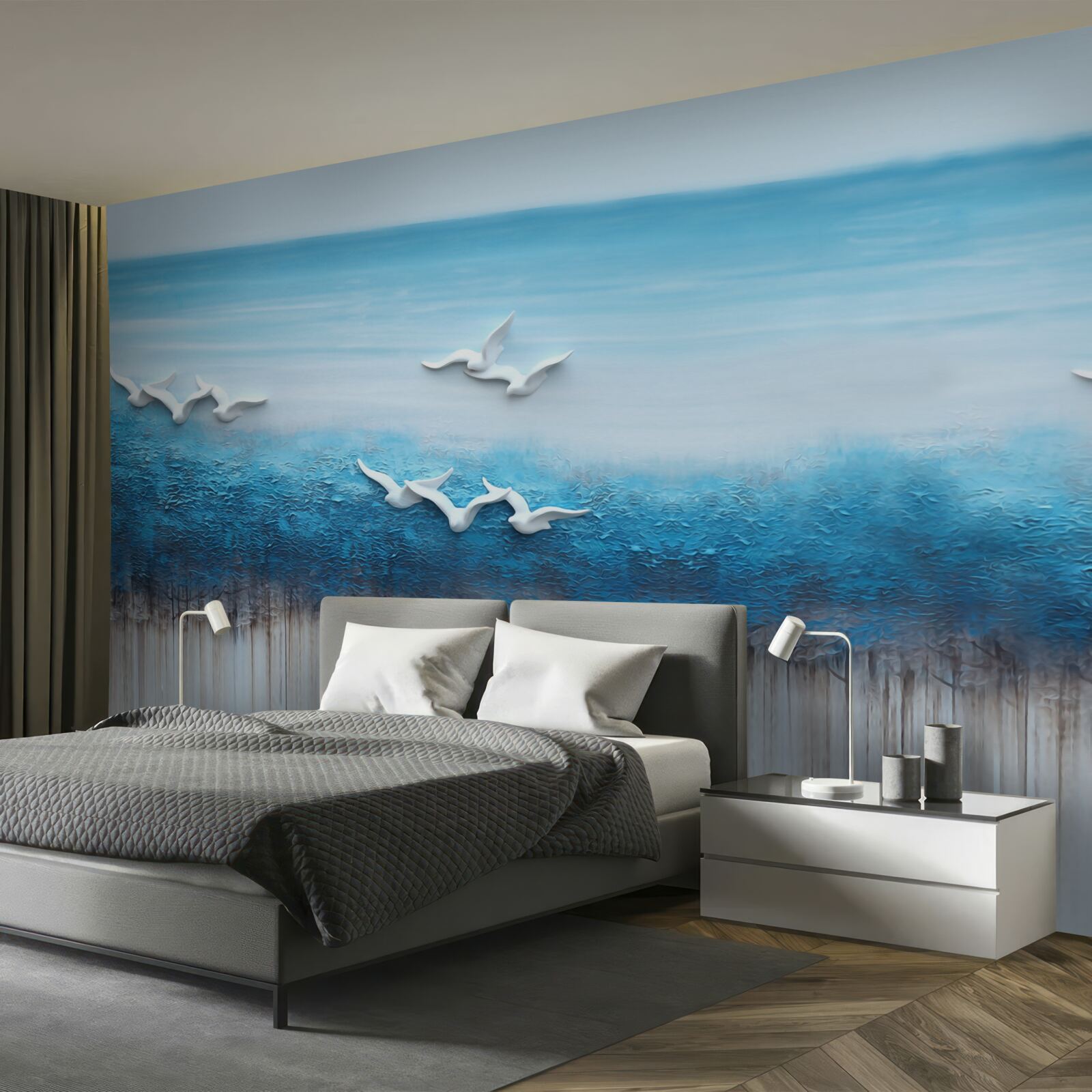 Fotobehang Sneeuwwitte vogels boven blauwachtige wolken