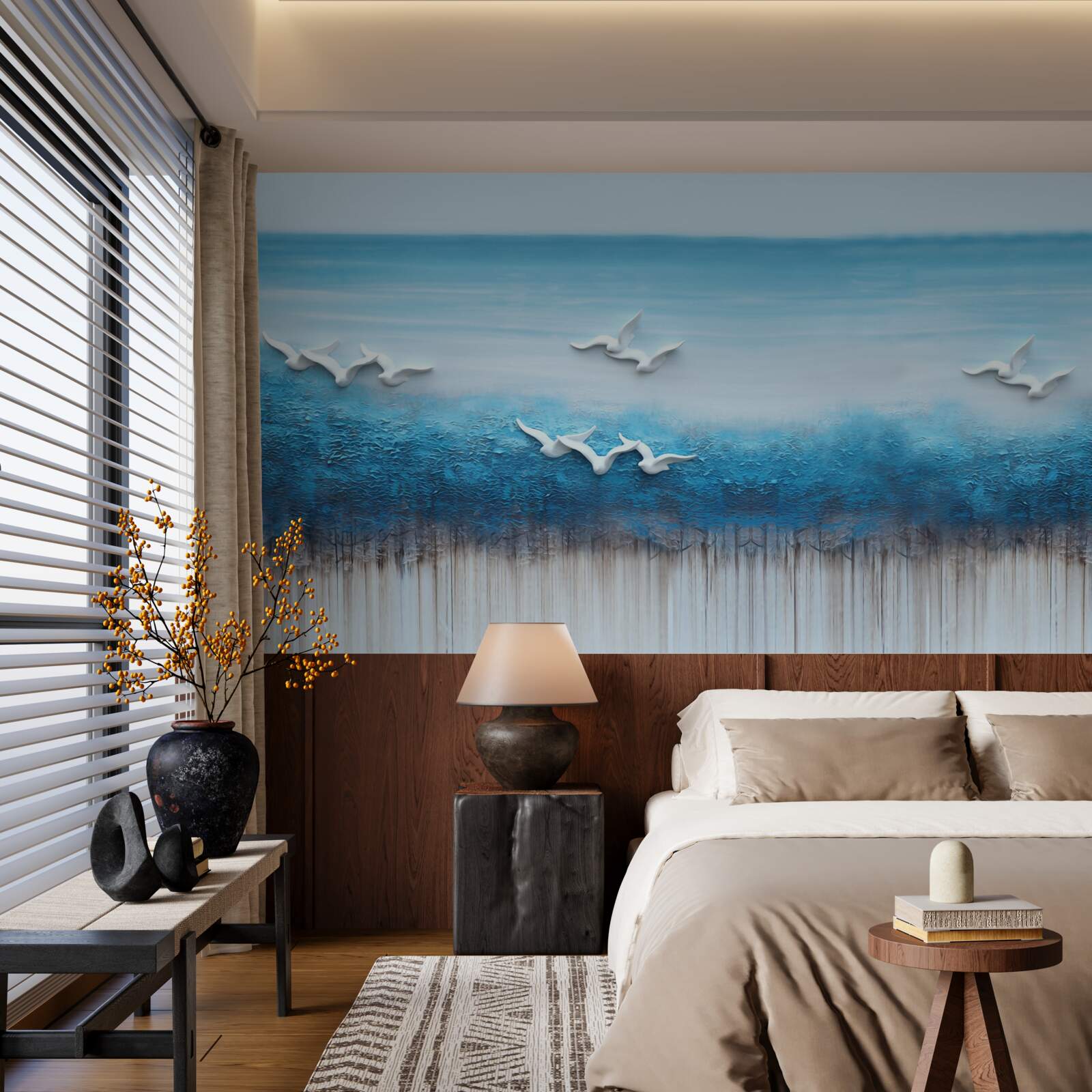 Fotobehang Sneeuwwitte vogels boven blauwachtige wolken