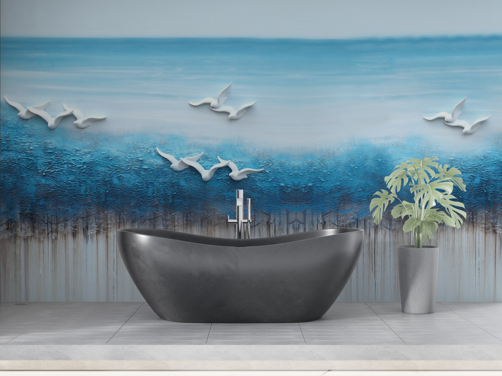 Fotobehang Sneeuwwitte vogels boven blauwachtige wolken