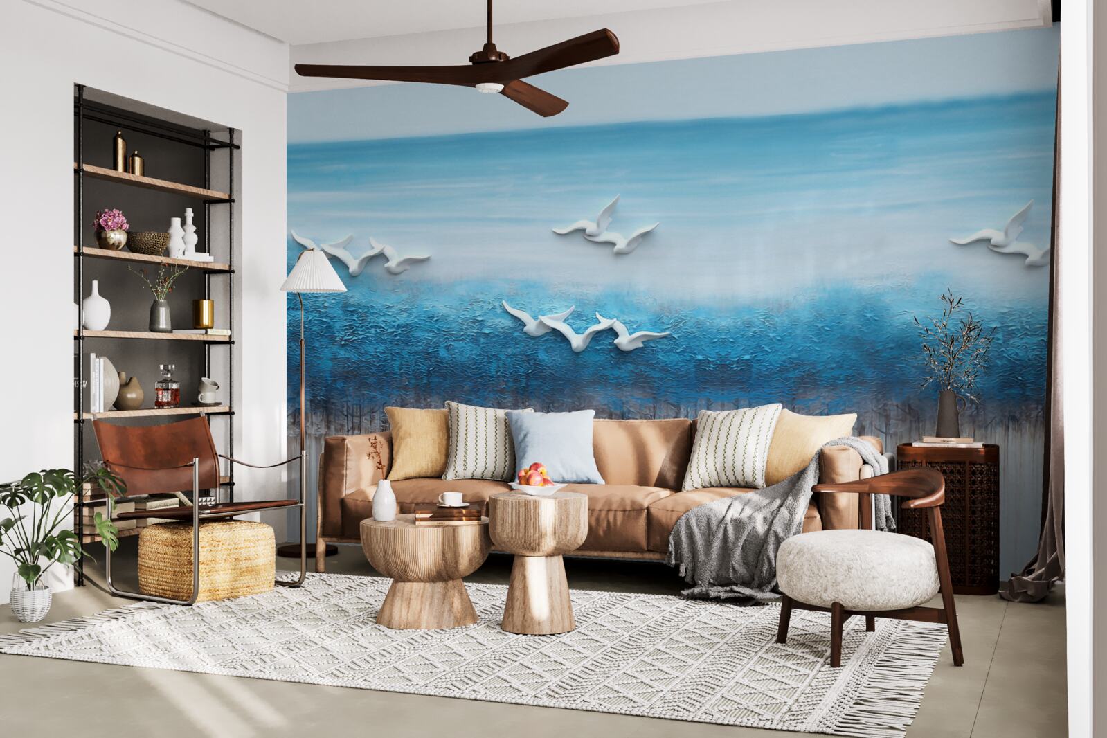 Fotobehang Sneeuwwitte vogels boven blauwachtige wolken