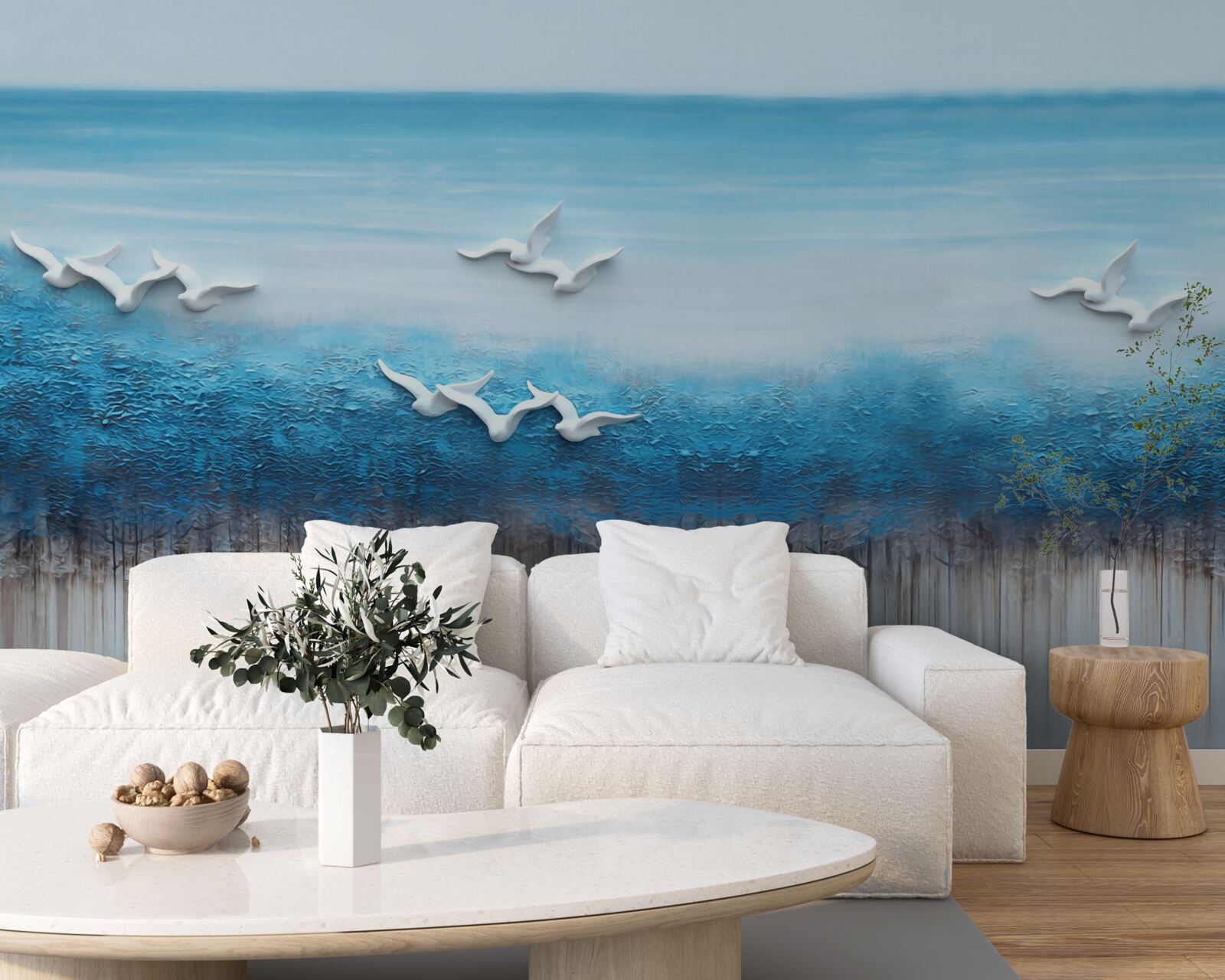 Fotobehang Sneeuwwitte vogels boven blauwachtige wolken