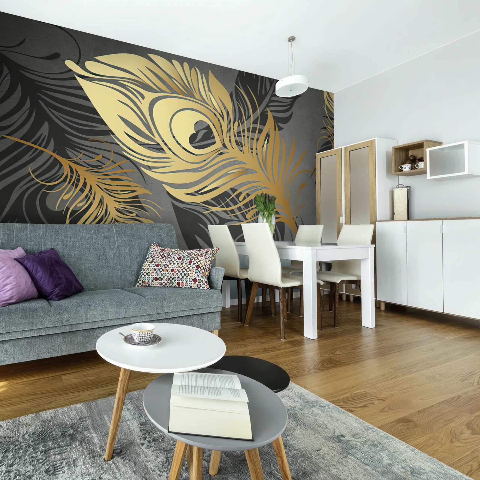 Fotobehang veren met gouden opengewerkte decoratie