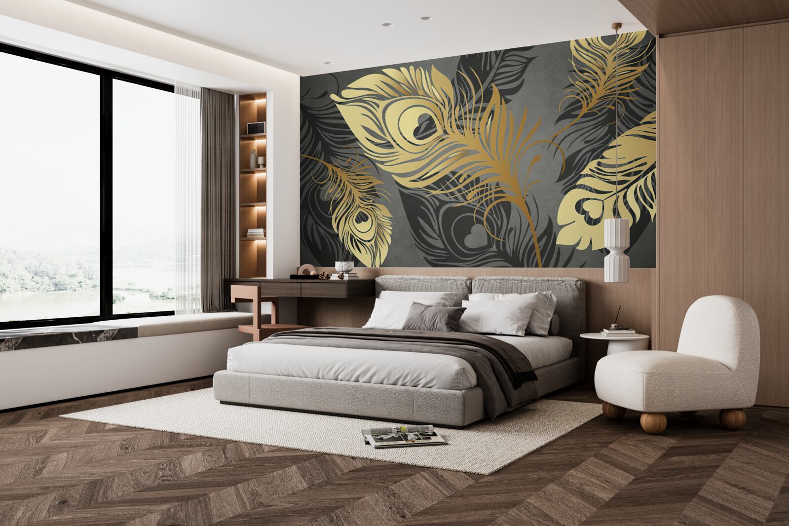 Fotobehang veren met gouden opengewerkte decoratie