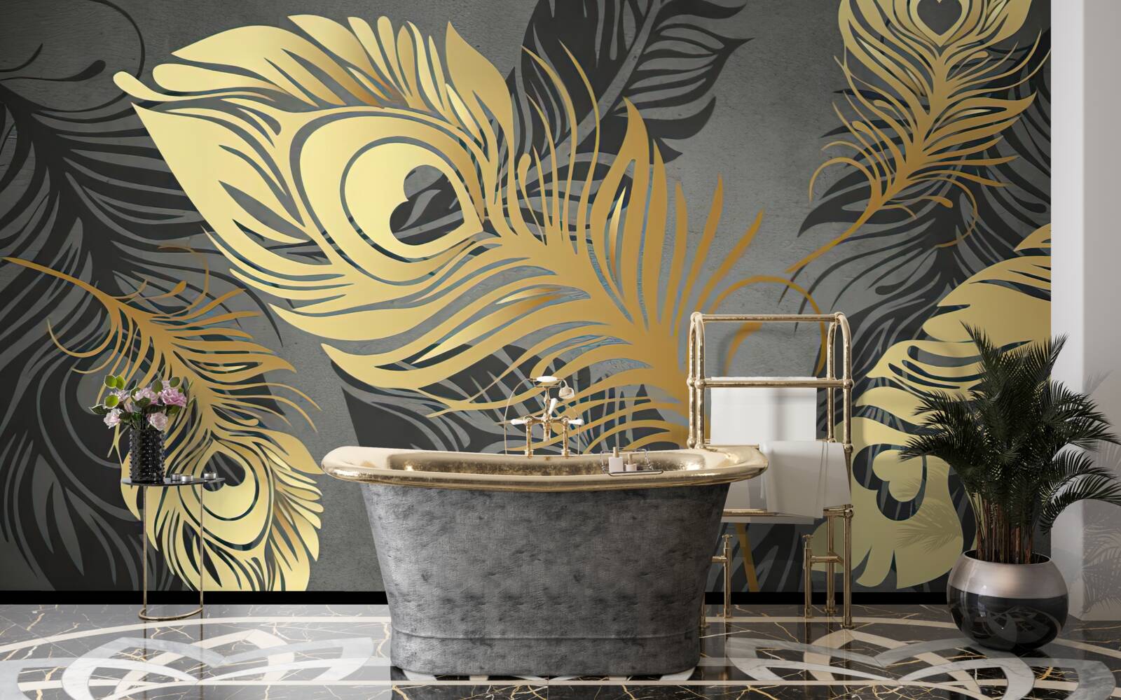 Fotobehang veren met gouden opengewerkte decoratie