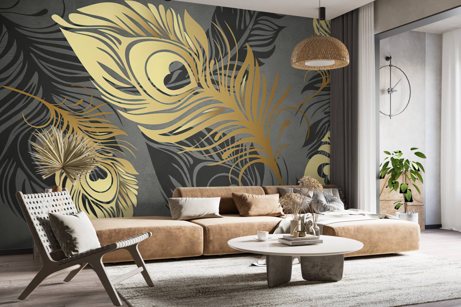 Fotobehang veren met gouden opengewerkte decoratie