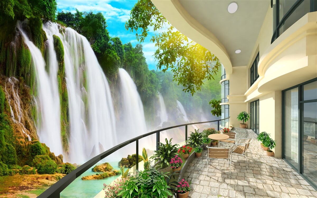 Fotobehang prachtig terras met panoramisch uitzicht op de waterval