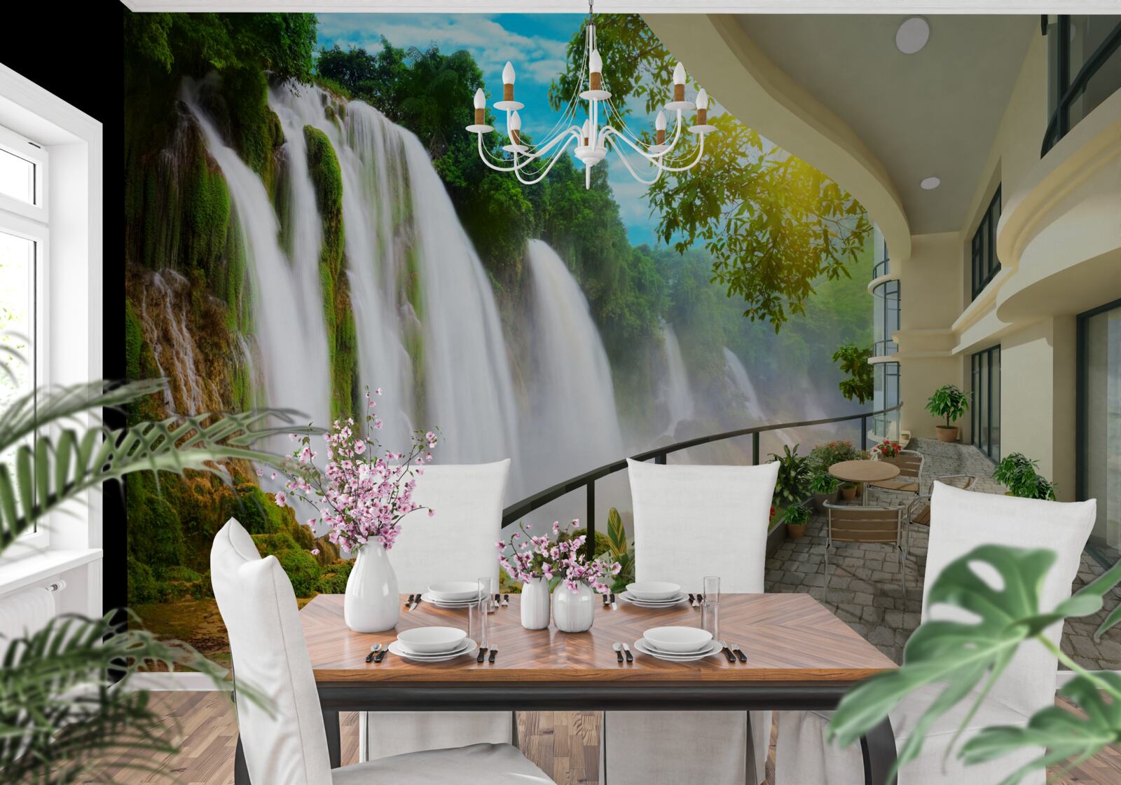 Fotobehang prachtig terras met panoramisch uitzicht op de waterval