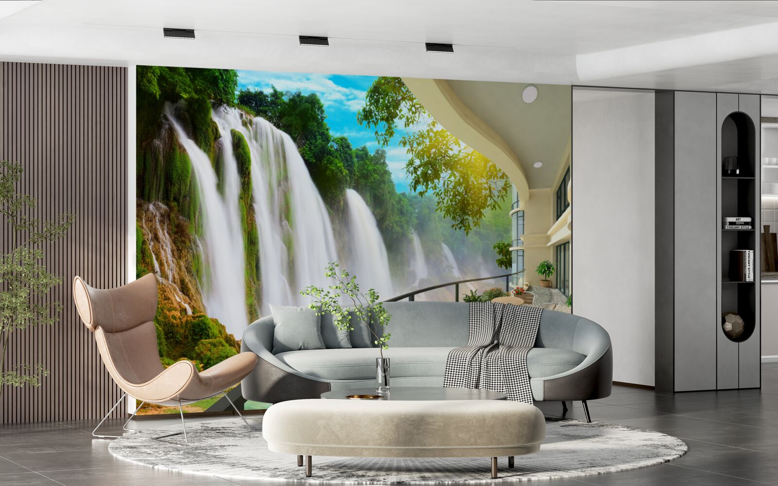 Fotobehang prachtig terras met panoramisch uitzicht op de waterval