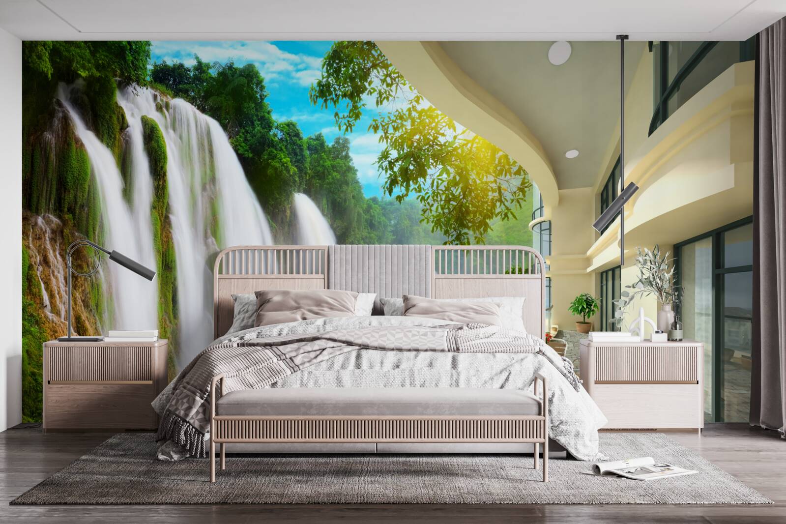 Fotobehang prachtig terras met panoramisch uitzicht op de waterval