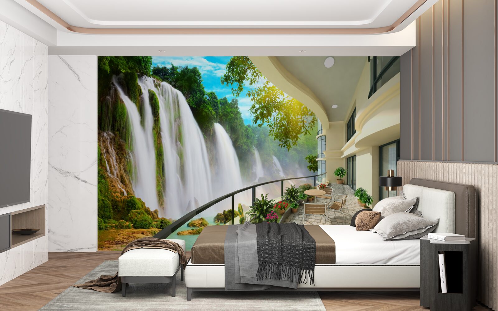 Fotobehang prachtig terras met panoramisch uitzicht op de waterval