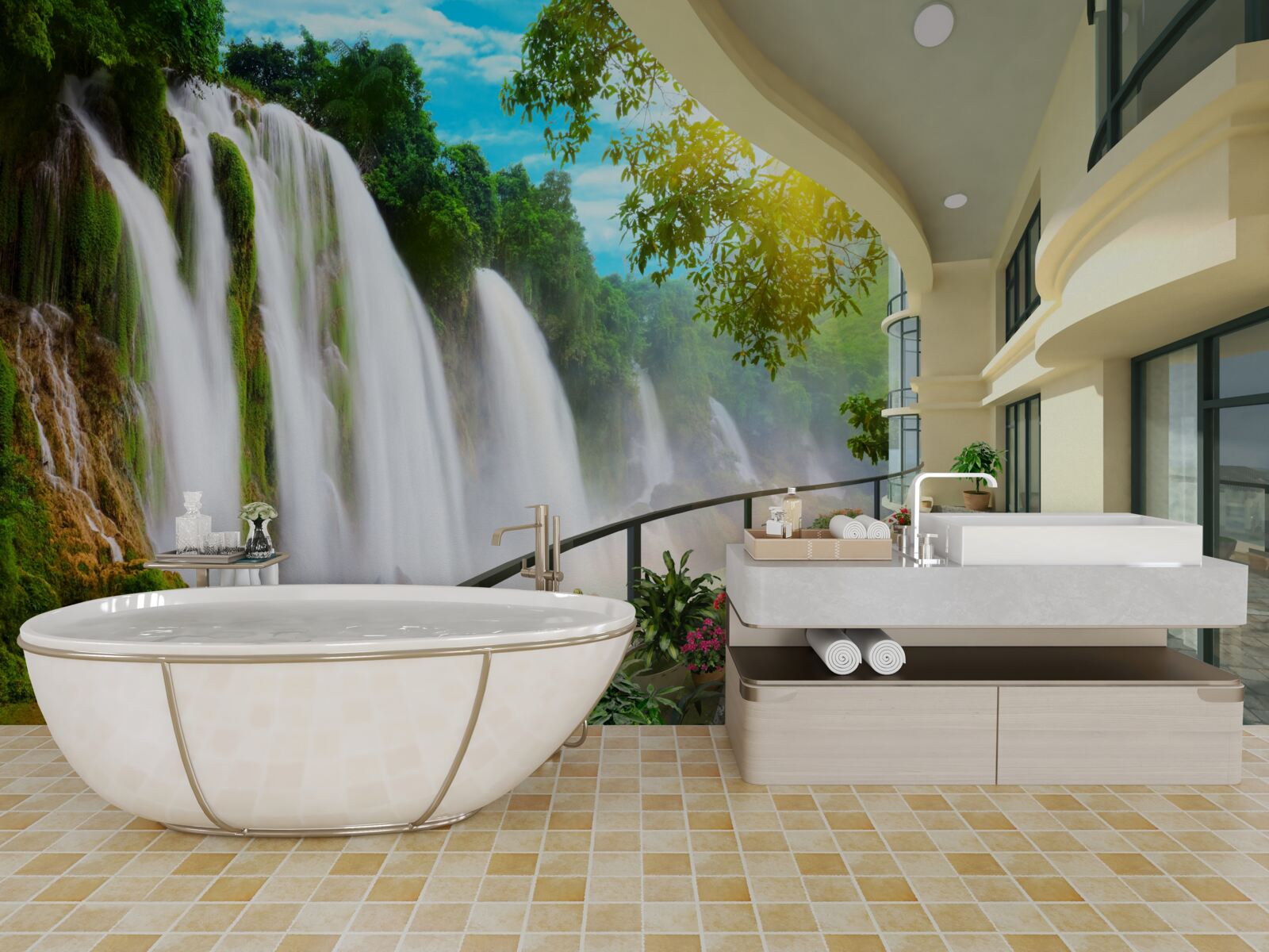 Fotobehang prachtig terras met panoramisch uitzicht op de waterval