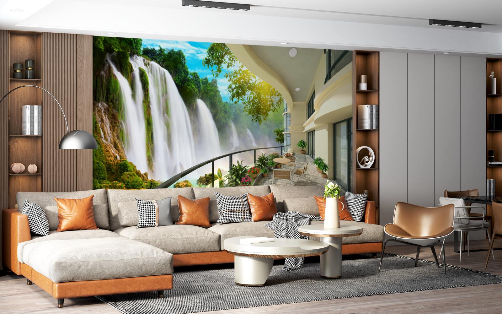 Fotobehang prachtig terras met panoramisch uitzicht op de waterval