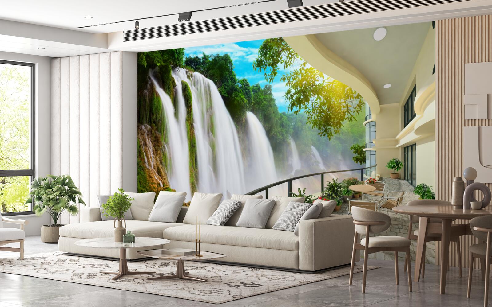 Fotobehang prachtig terras met panoramisch uitzicht op de waterval