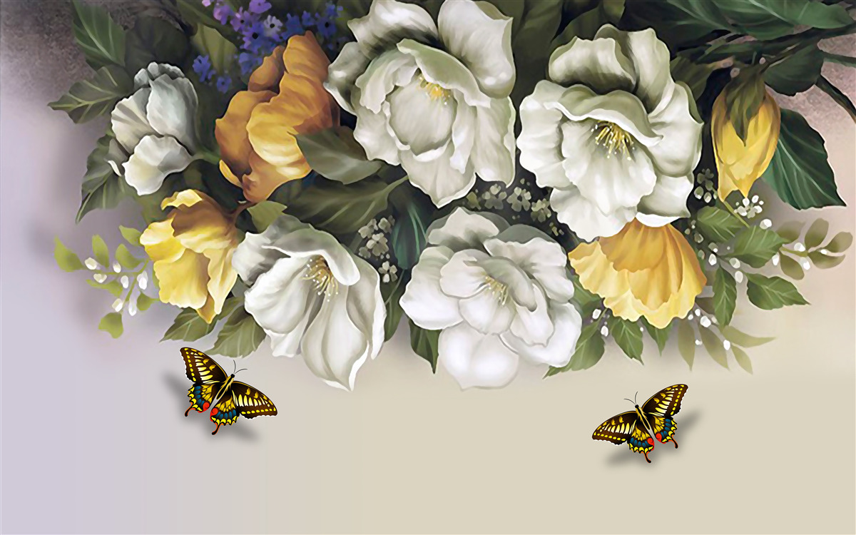 Fotobehang twee lepidopterans in witte en gele tulpen