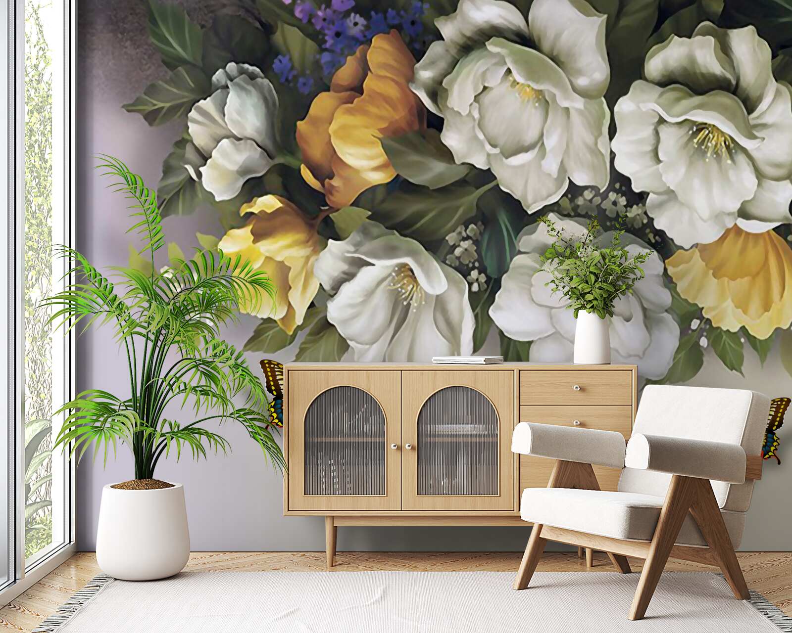 Fotobehang twee lepidopterans in witte en gele tulpen