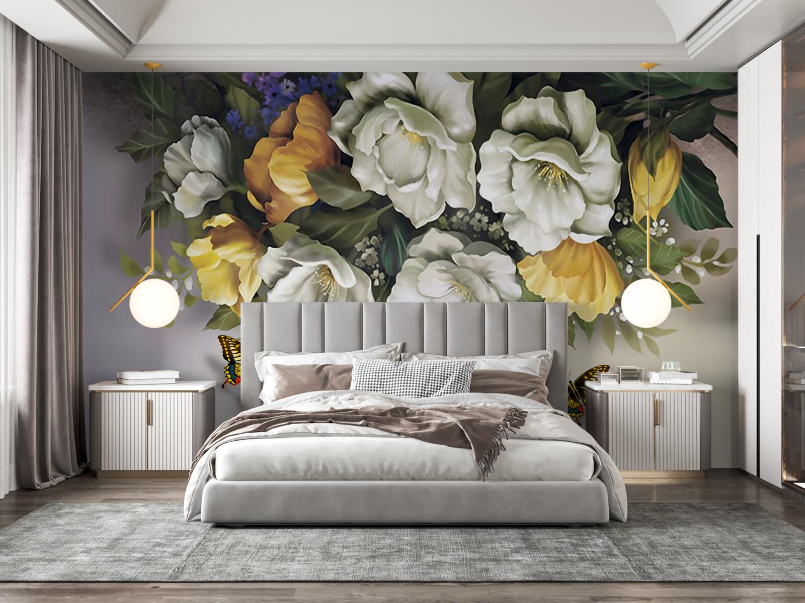 Fotobehang twee lepidopterans in witte en gele tulpen