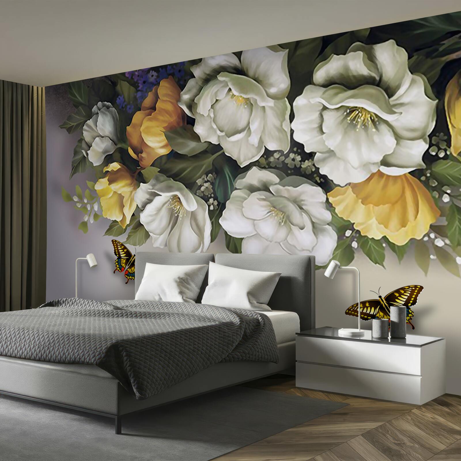 Fotobehang twee lepidopterans in witte en gele tulpen