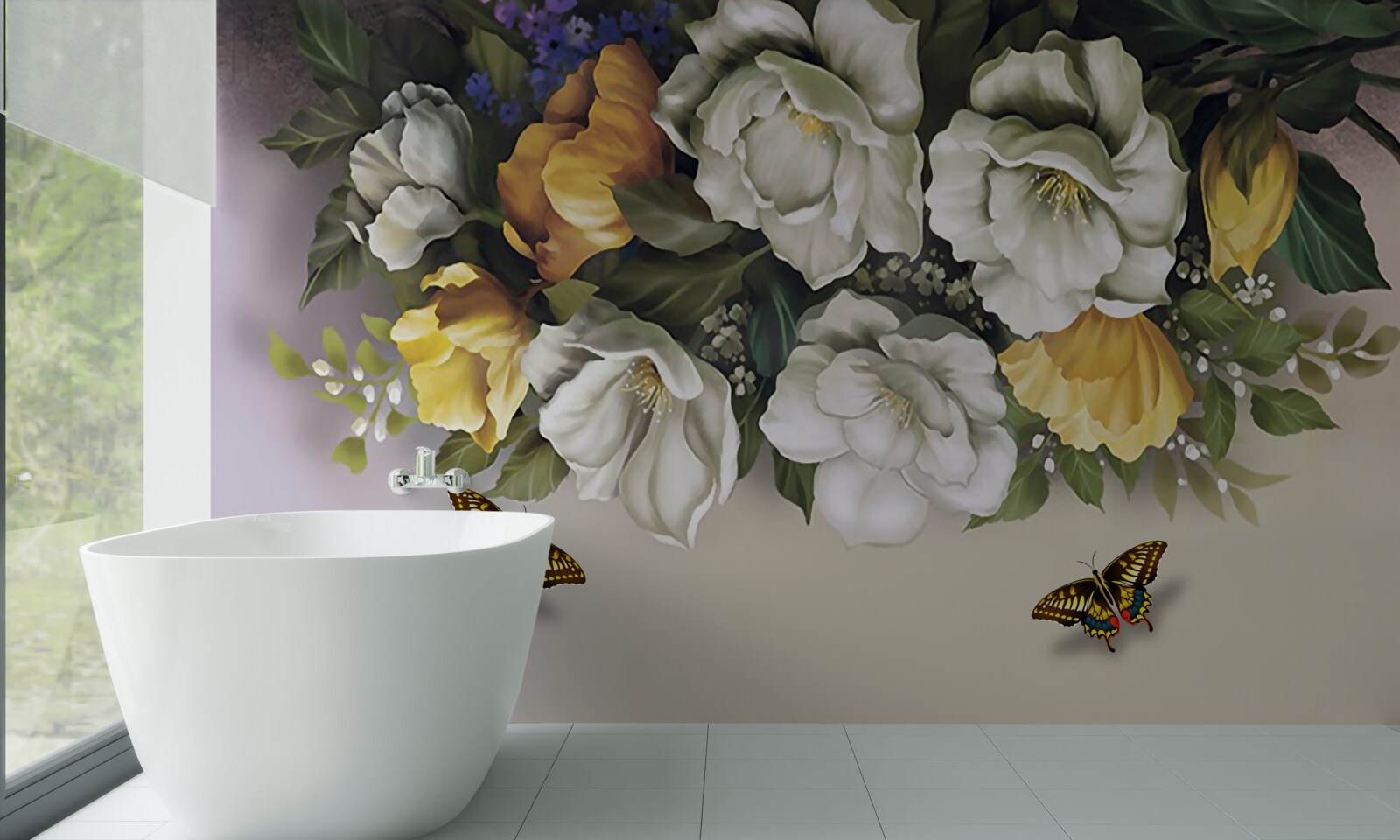 Fotobehang twee lepidopterans in witte en gele tulpen