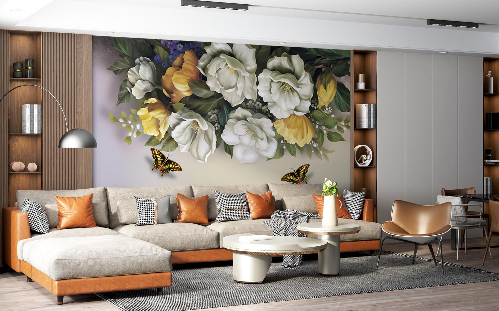 Fotobehang twee lepidopterans in witte en gele tulpen