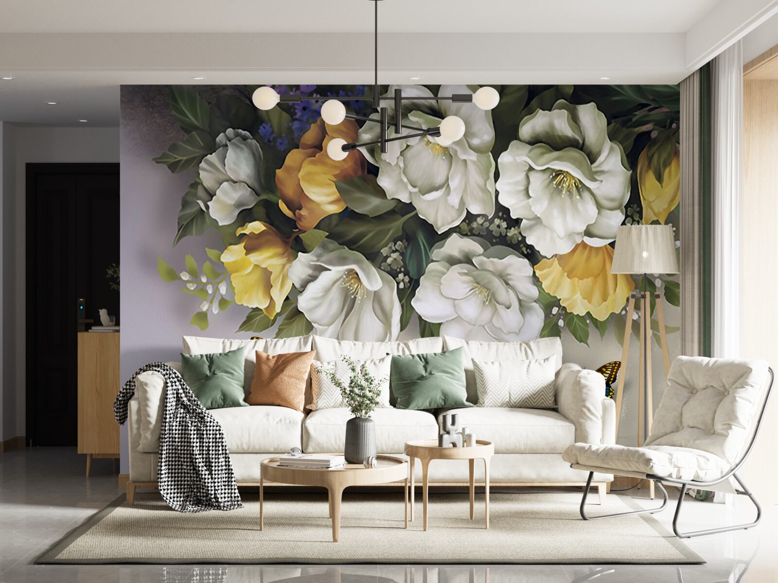 Fotobehang twee lepidopterans in witte en gele tulpen