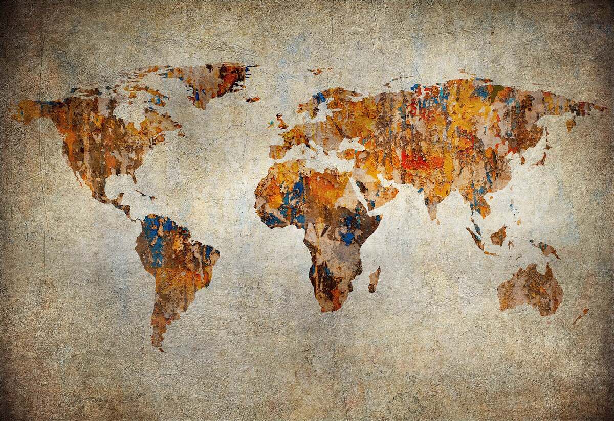 Fotobehang een doek waarop de wereld in grungestijl is afgebeeld