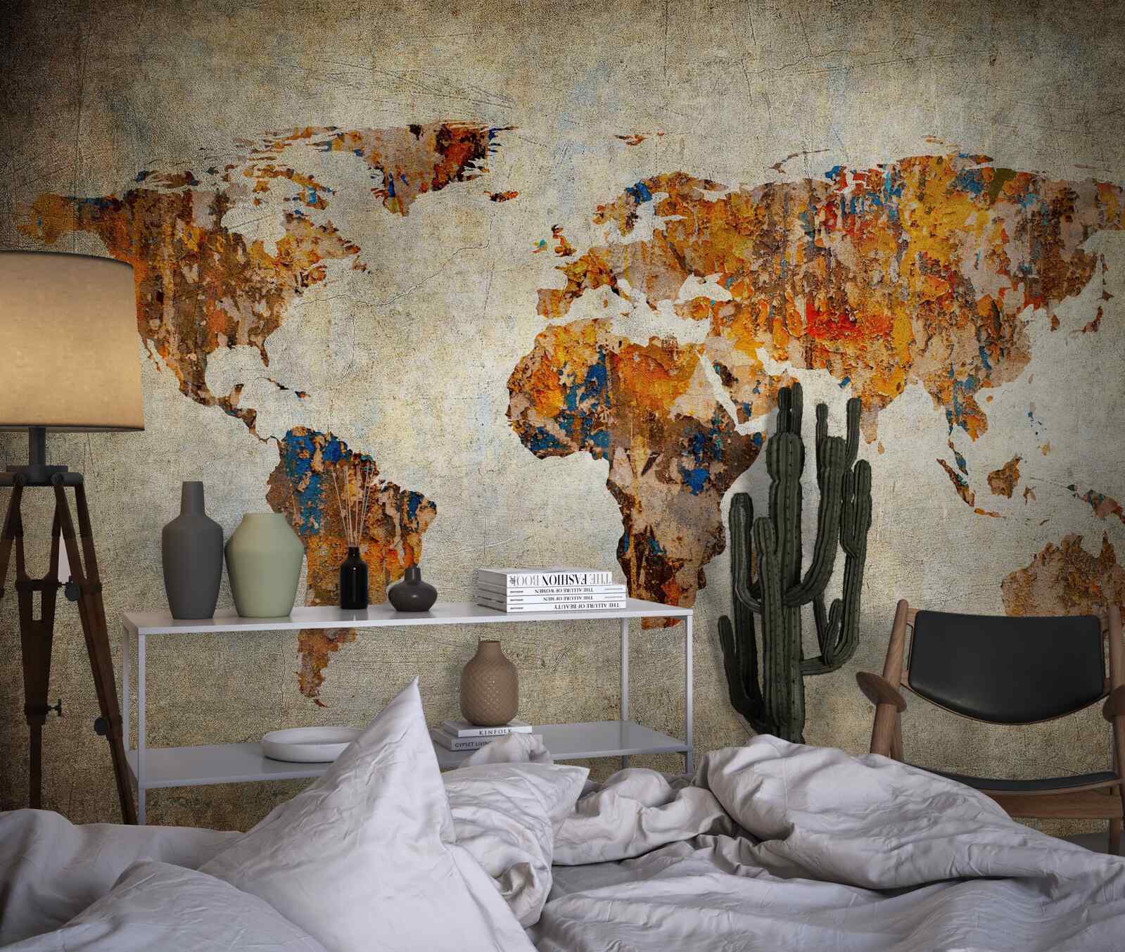 Fotobehang een doek waarop de wereld in grungestijl is afgebeeld