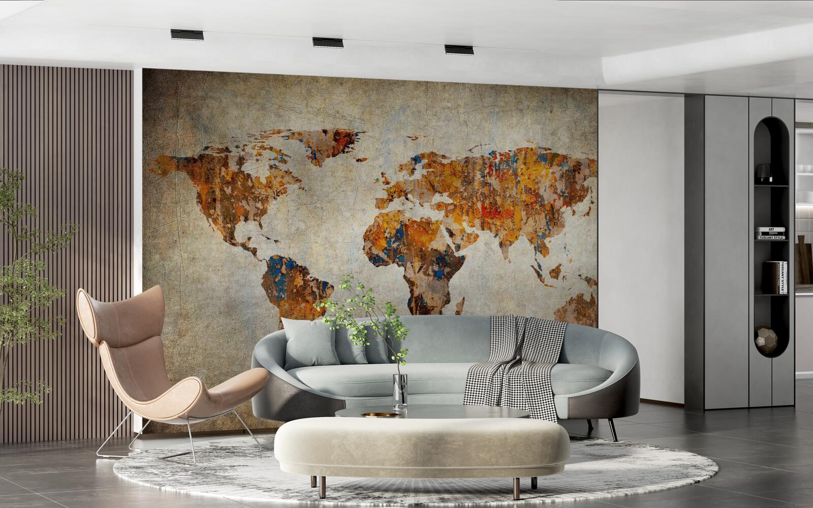 Fotobehang een doek waarop de wereld in grungestijl is afgebeeld