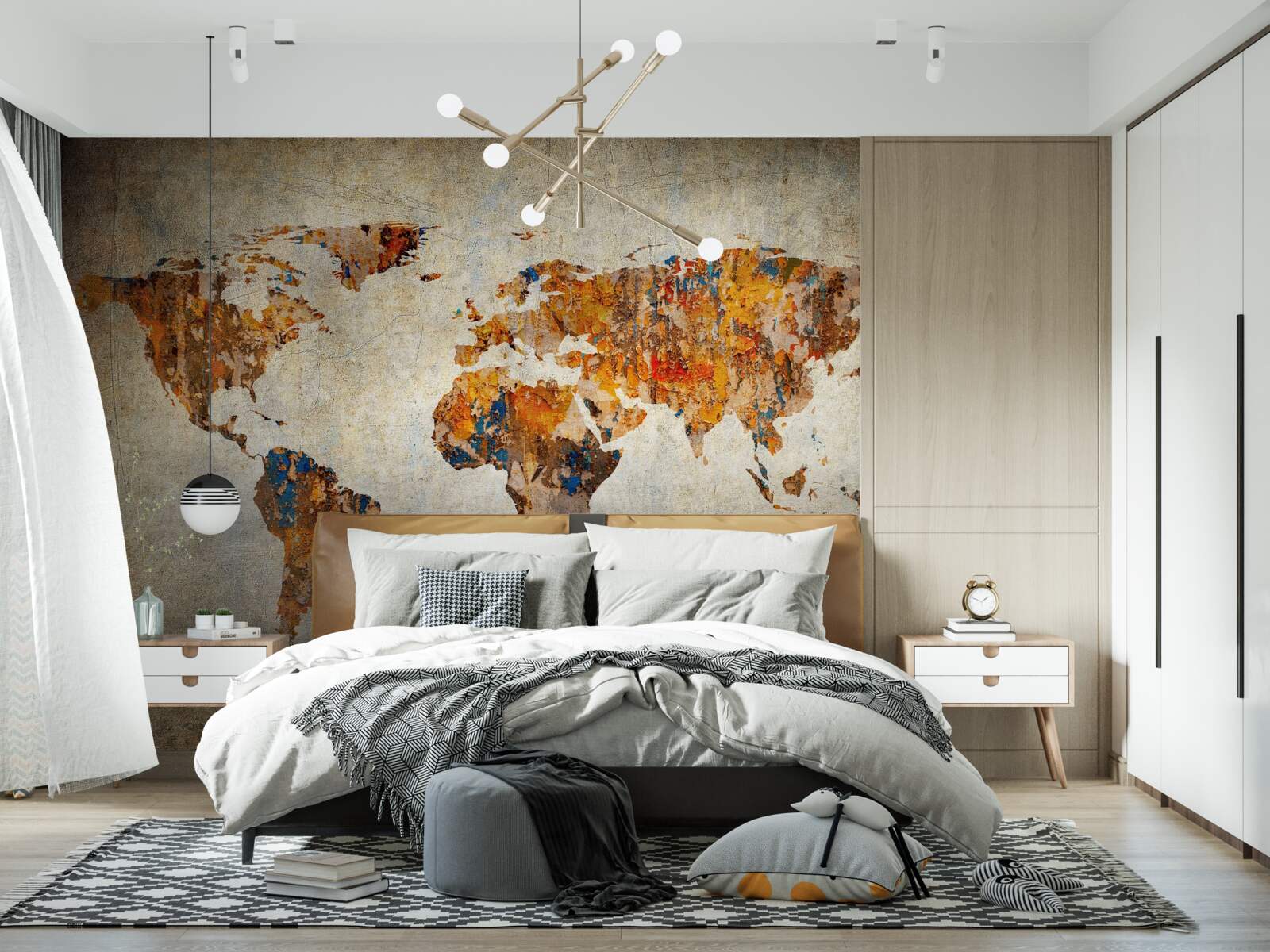 Fotobehang een doek waarop de wereld in grungestijl is afgebeeld