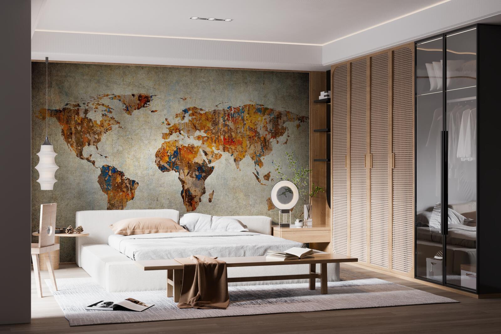 Fotobehang een doek waarop de wereld in grungestijl is afgebeeld