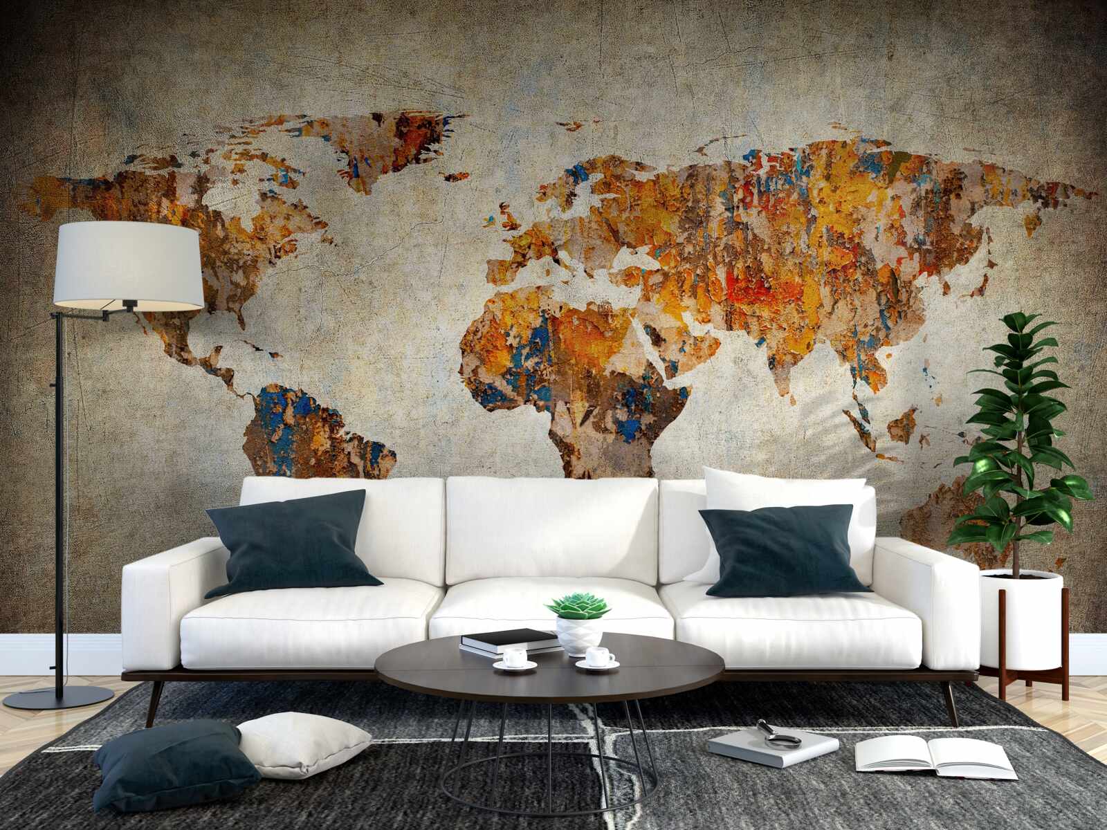 Fotobehang een doek waarop de wereld in grungestijl is afgebeeld