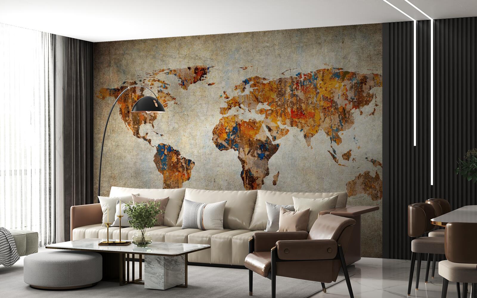 Fotobehang een doek waarop de wereld in grungestijl is afgebeeld