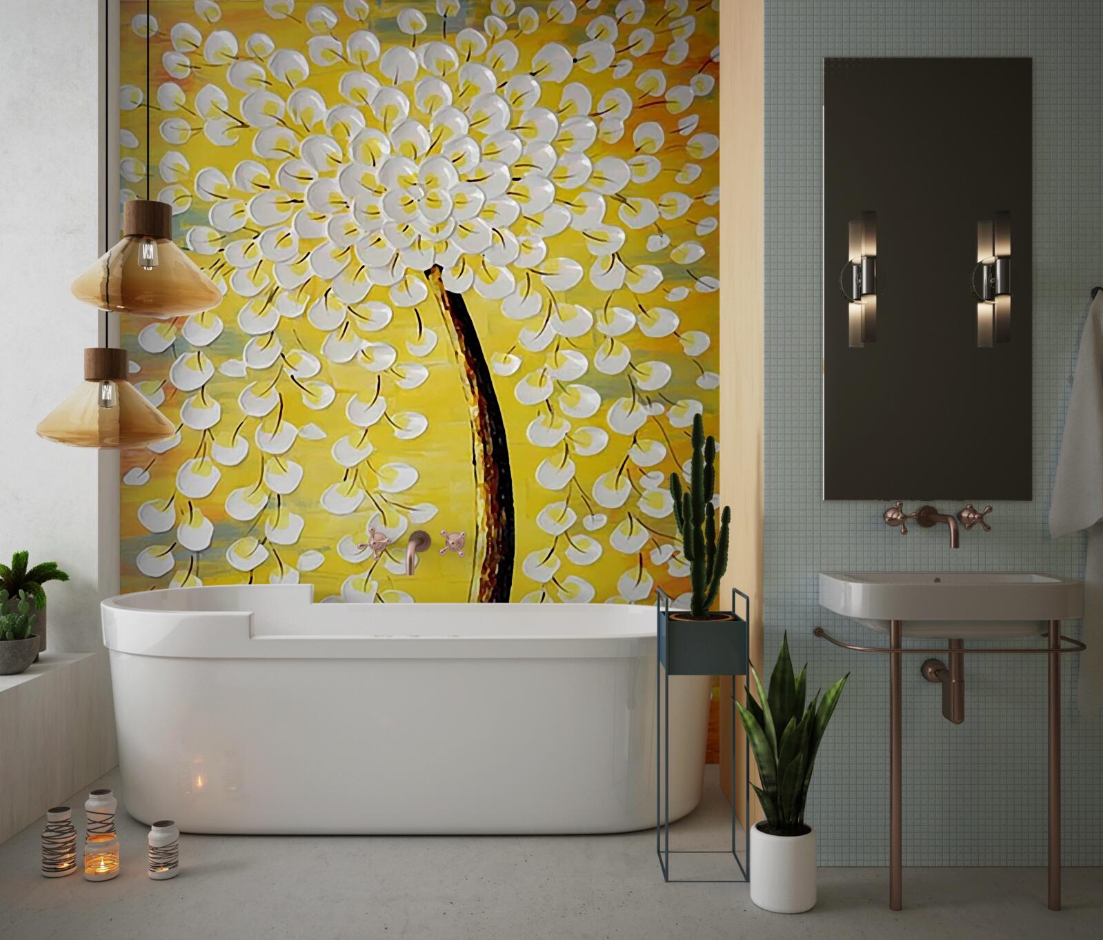 Fotobehang olieverfschilderij met een bloeiende boom